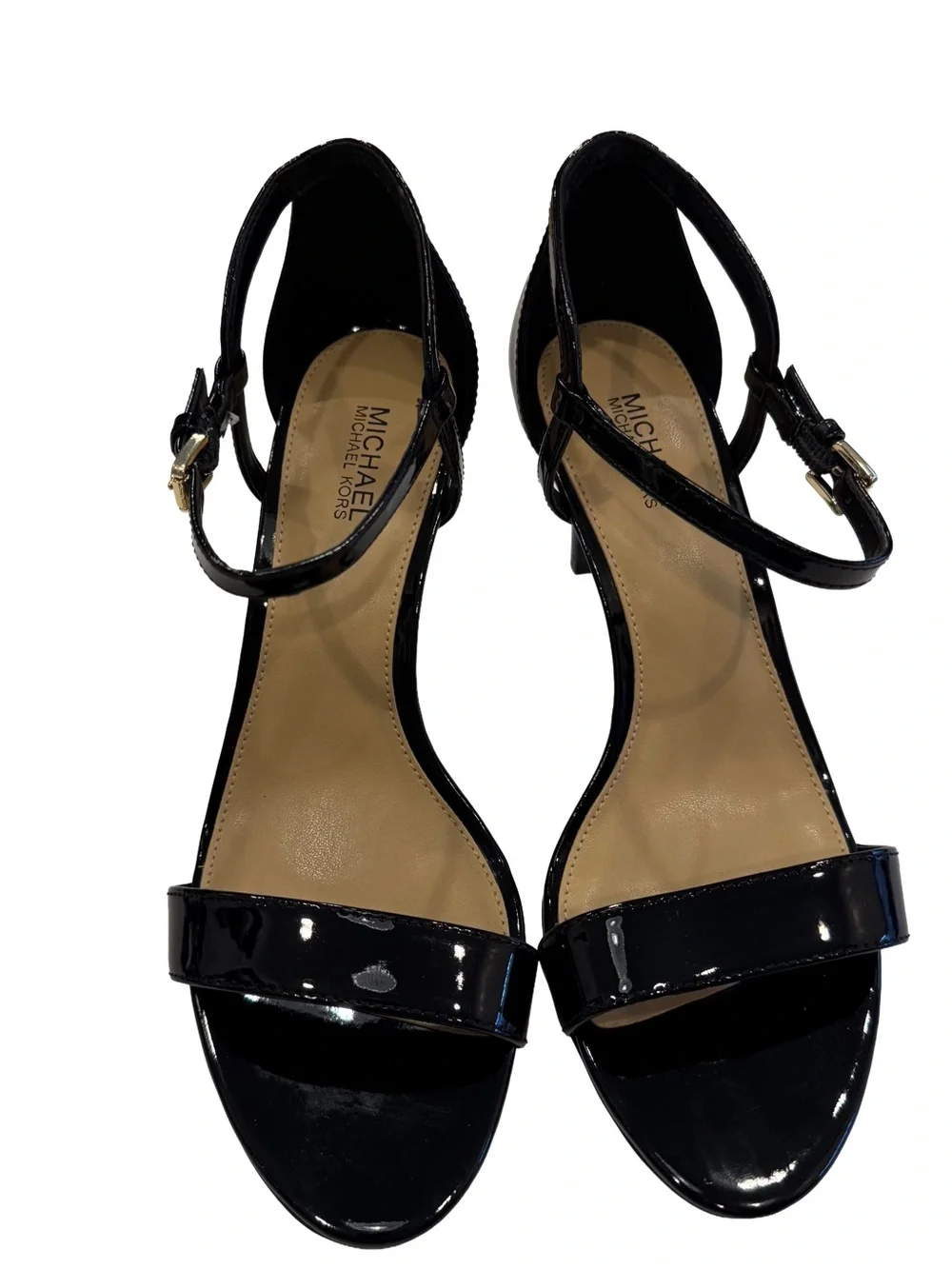 Michael Kors Simone Mid Heel Black Patent Sandals  6.5 New With Box